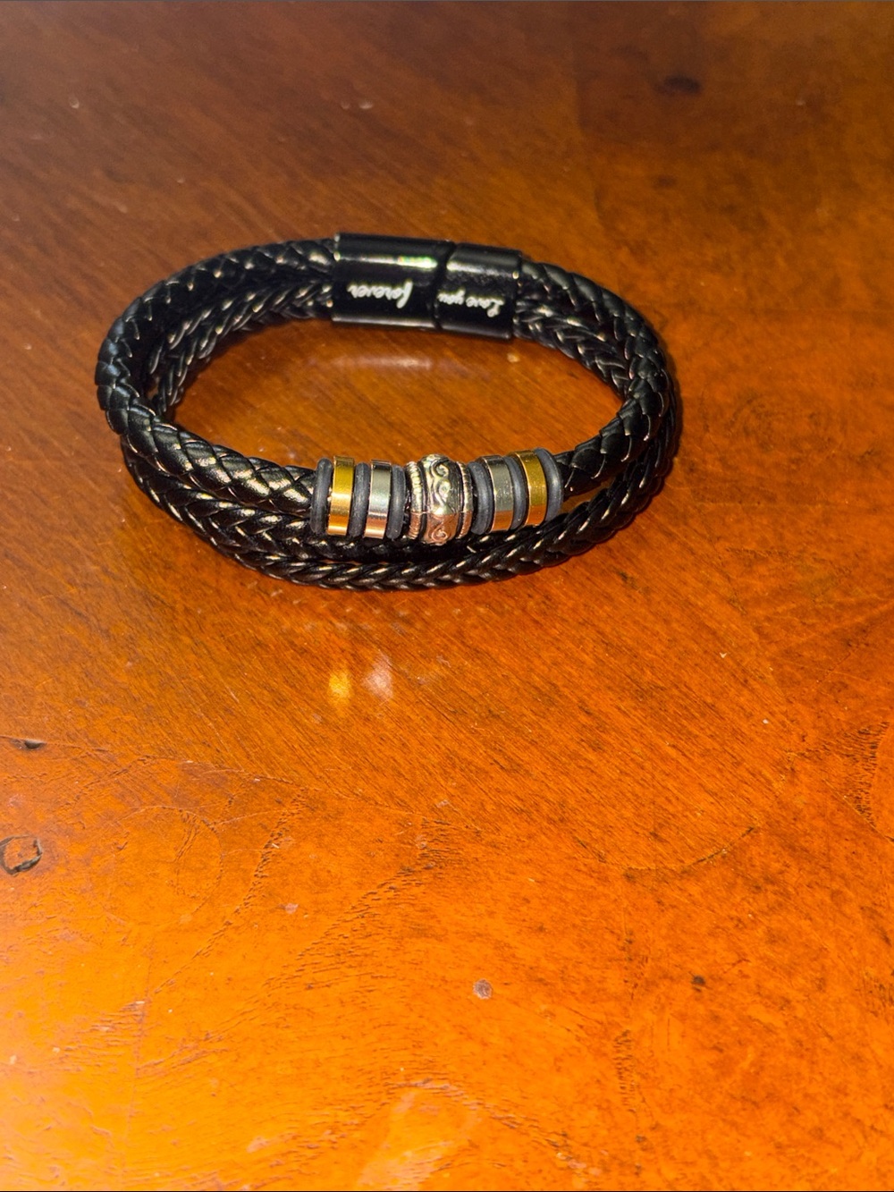 Braided Black Leather Bracelet with Mixed Metal Accent Beads